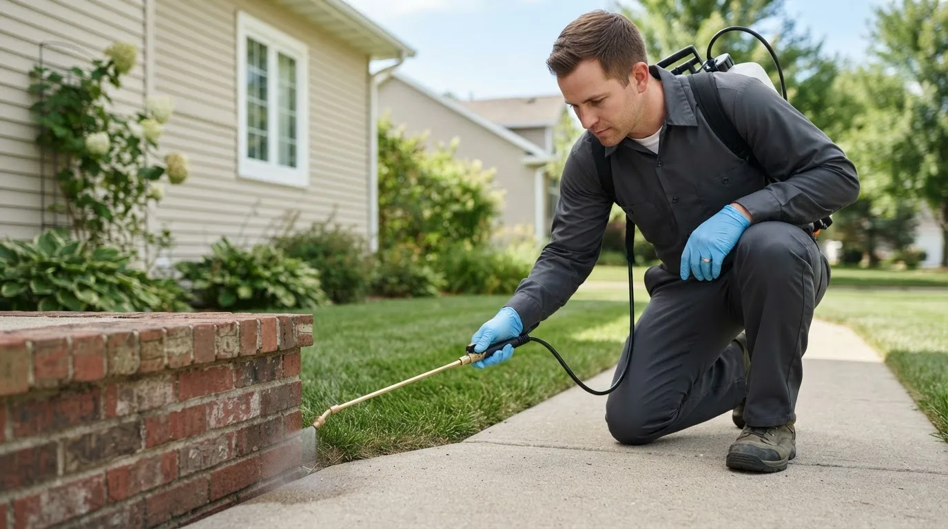 Pest control technician treating a home near Kingsland, TX